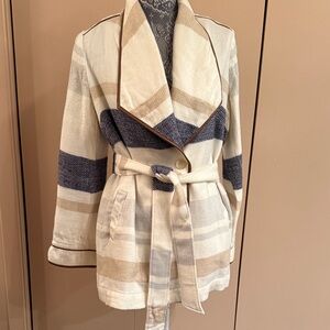 Chico's Beige and Navy Striped Trench Coat